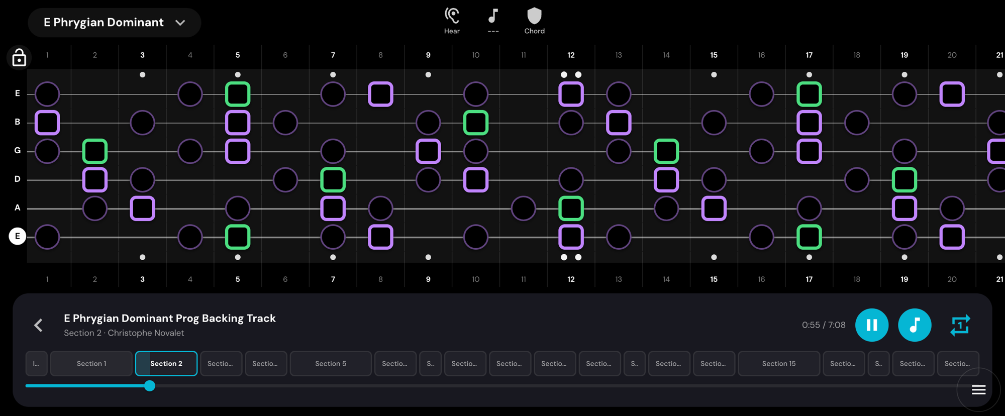 upScale backing-track view in landscape: a backing track playing over the full wide neck, scale notes lit, with section navigation along the bottom.