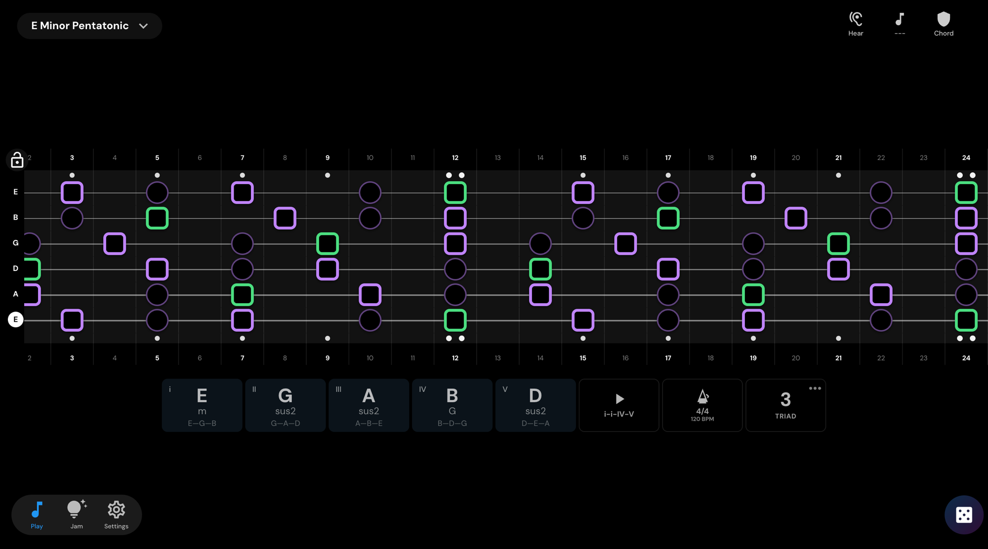 upScale in a desktop browser: the full 24-fret neck with a scale lit, chord cards, progression and tempo controls below.